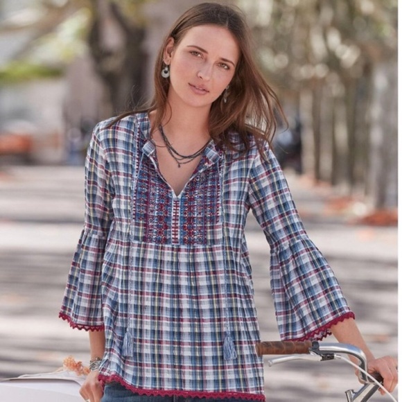 Sundance Tops Sundance Plaid Embroidered Wonders About Peasant